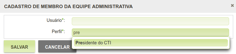 Cadastro de usuário com perfil Presidente do CTI