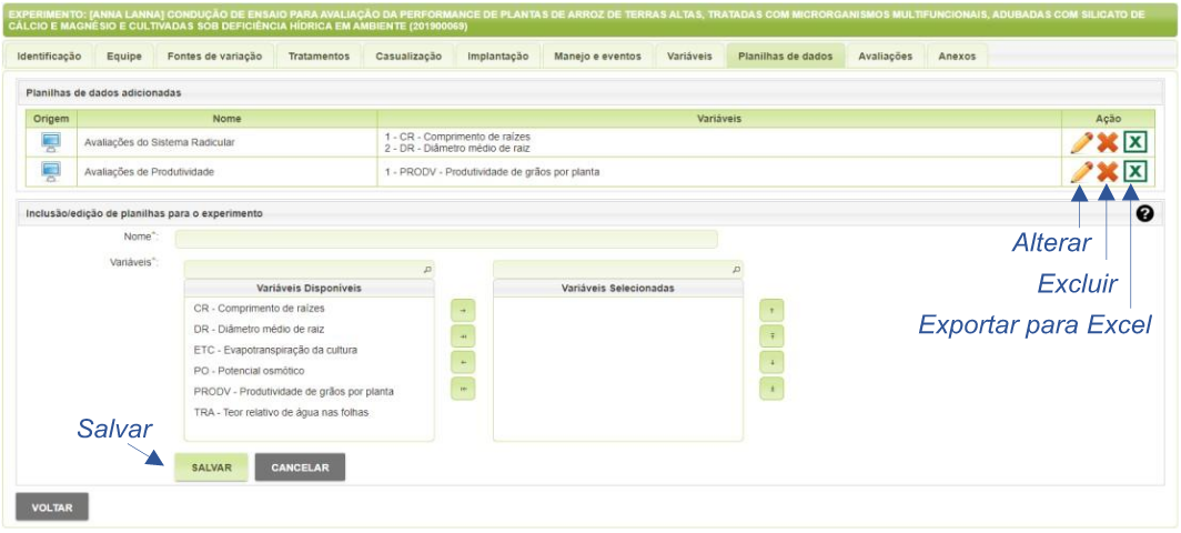 Lista de planilhas de dados de um experimento no SIExp.
