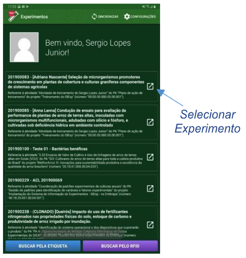 Lista de experimentos baixados no coletor de dados do SIExp.