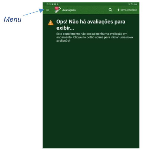 Lista vazia de avaliações realizadas no tablet.