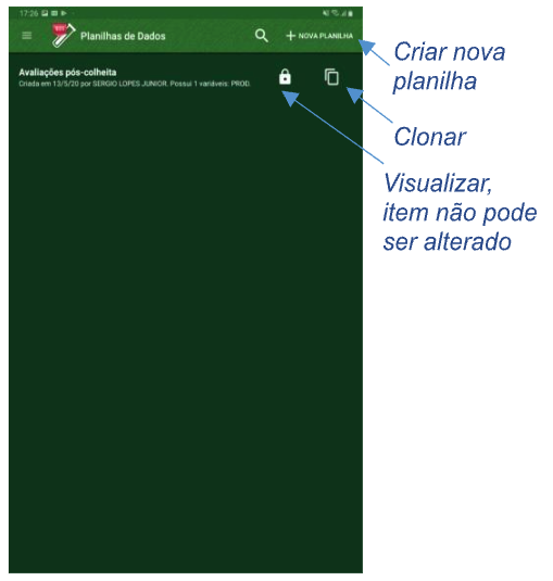 Lista de planilhas de dados do experimento selecionado.