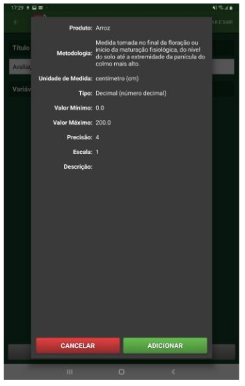 Informação da variável a ser adicionada na planilha de dados.