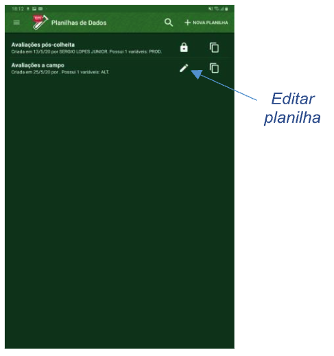 Lista de planilhas de dados do experimento selecionado.