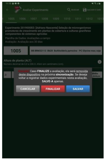 Opções de salvar ou finalizar a avaliação.