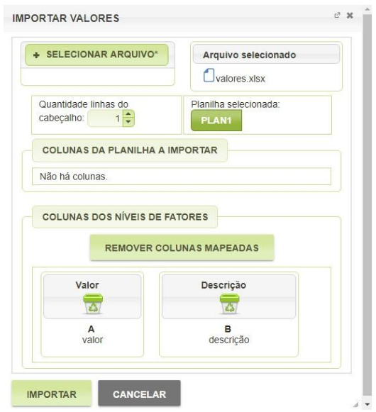 Formulário para importação de novos valores para um padrão experimental do SIExp.