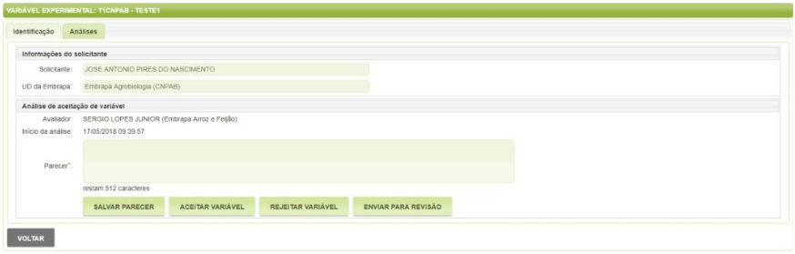 Formulário para emitir parecer sobre padrão experimental no SIExp.
