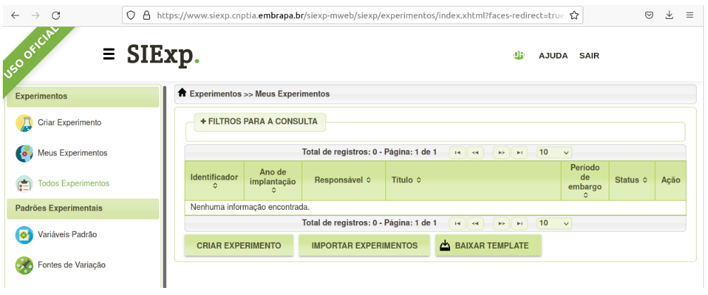 Tela de consulta de experimentos com as opções de importação de experimentos