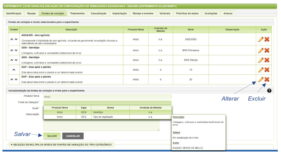 Fontes de variação do experimento no SIEXP.