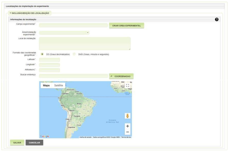 Dados da localização do experimento.