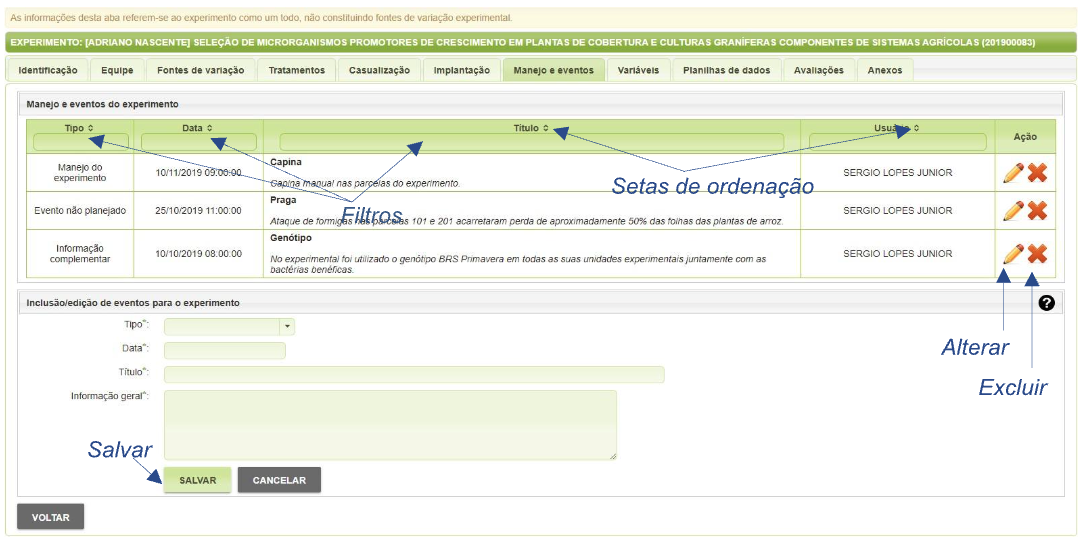 Lista de eventos de um experimento no SIExp.