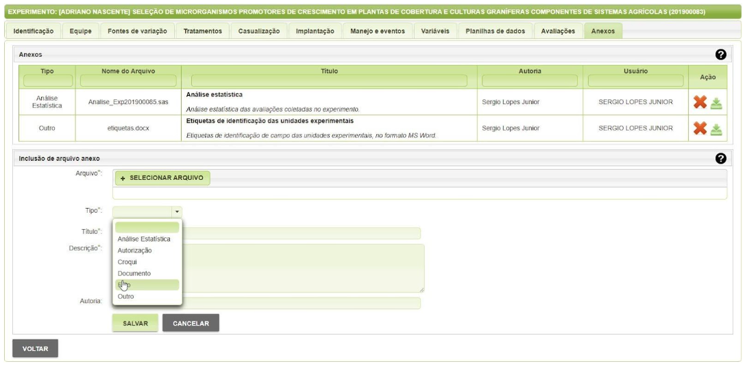 Lista de anexos de um experimento no SIExp.